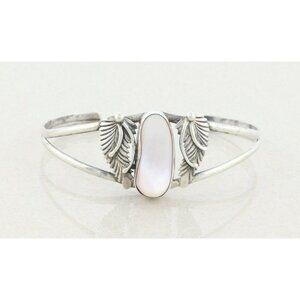 Sterling Silver Mother of Pearl Feather Design Cuff Bracelet 6 3/4